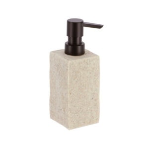 A close-up view of a natural stone-effect soap dispenser with a sleek black pump, showcasing its minimalist design.