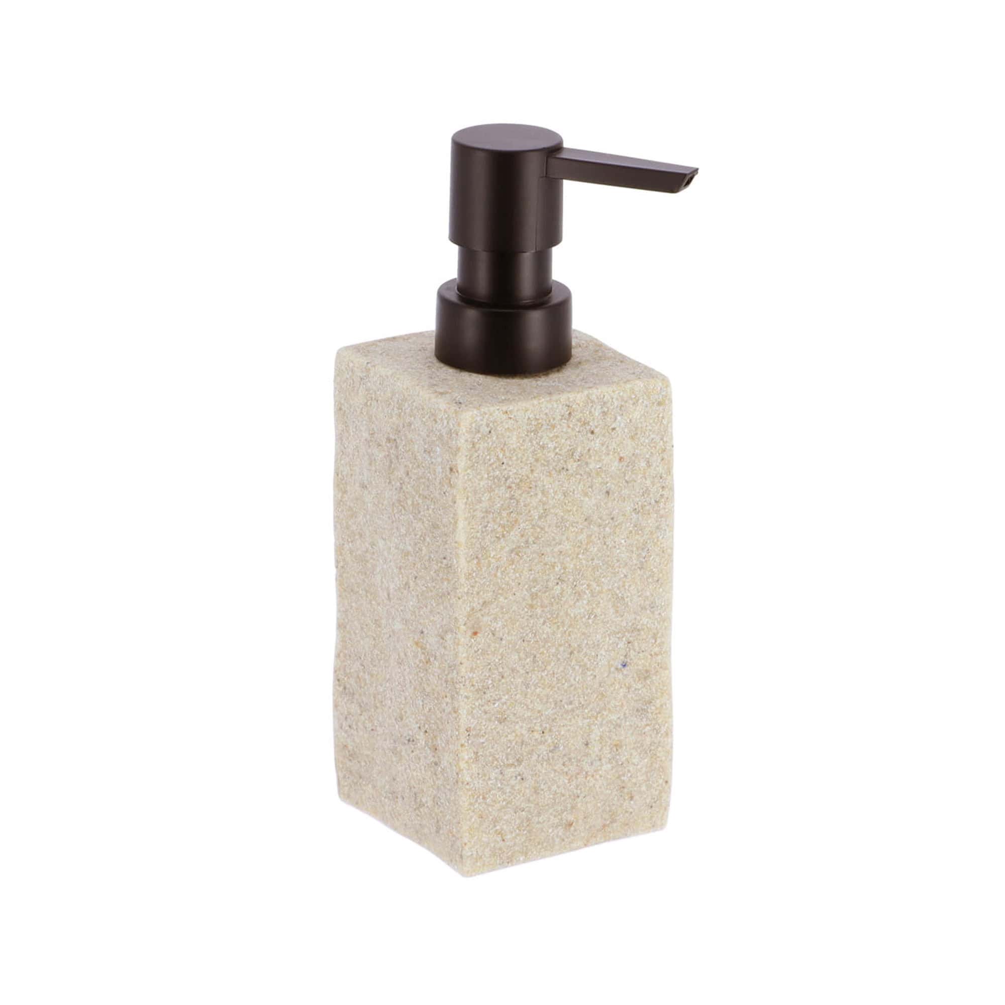 A close-up view of a natural stone-effect soap dispenser with a sleek black pump, showcasing its minimalist design.