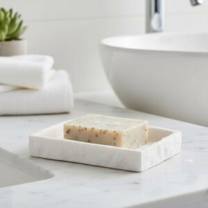 White stone effect soap dish holding bar soap on bathroom countertop