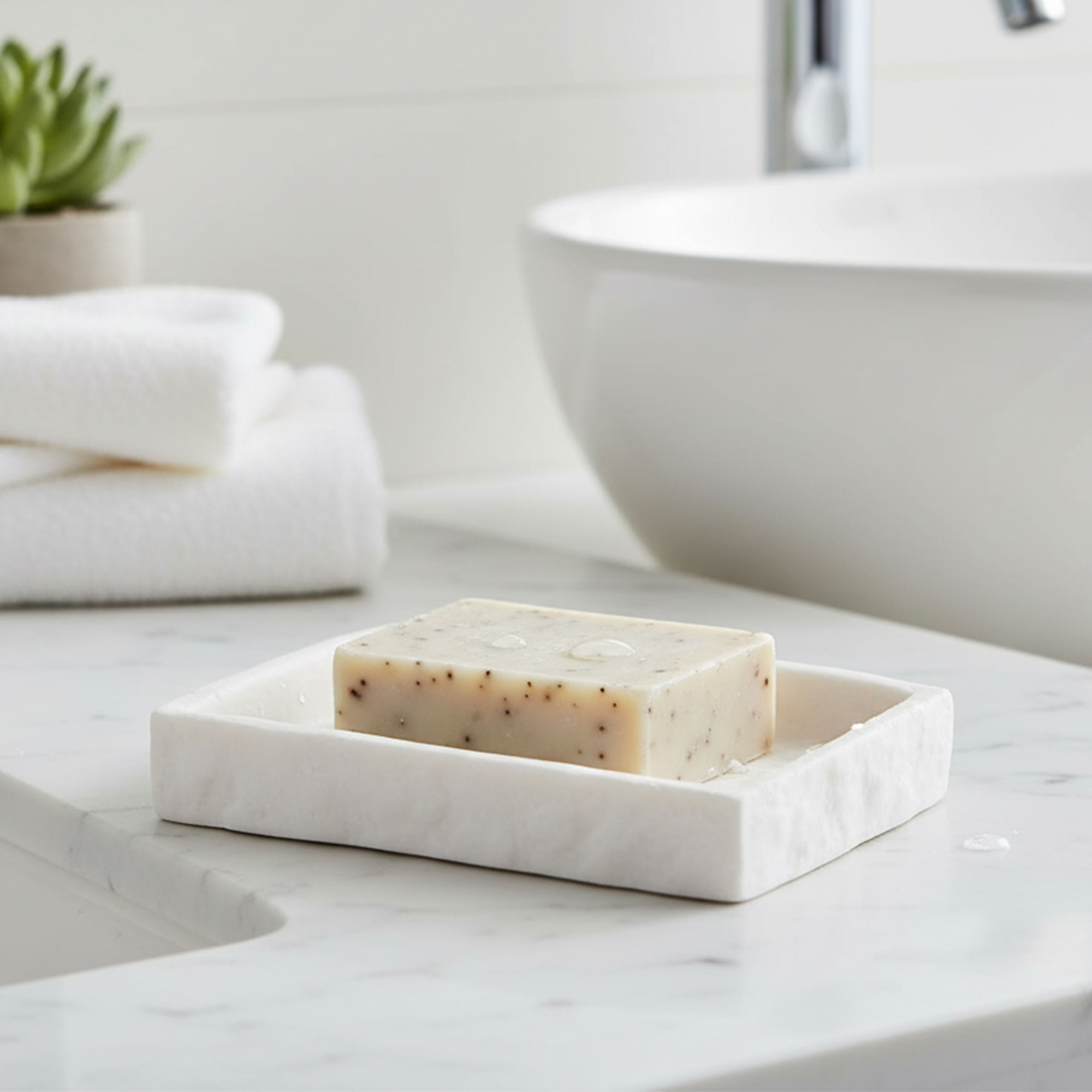 White stone effect soap dish holding bar soap on bathroom countertop
