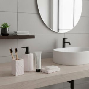 Modern white stone bathroom set arranged on wooden vanity near sink