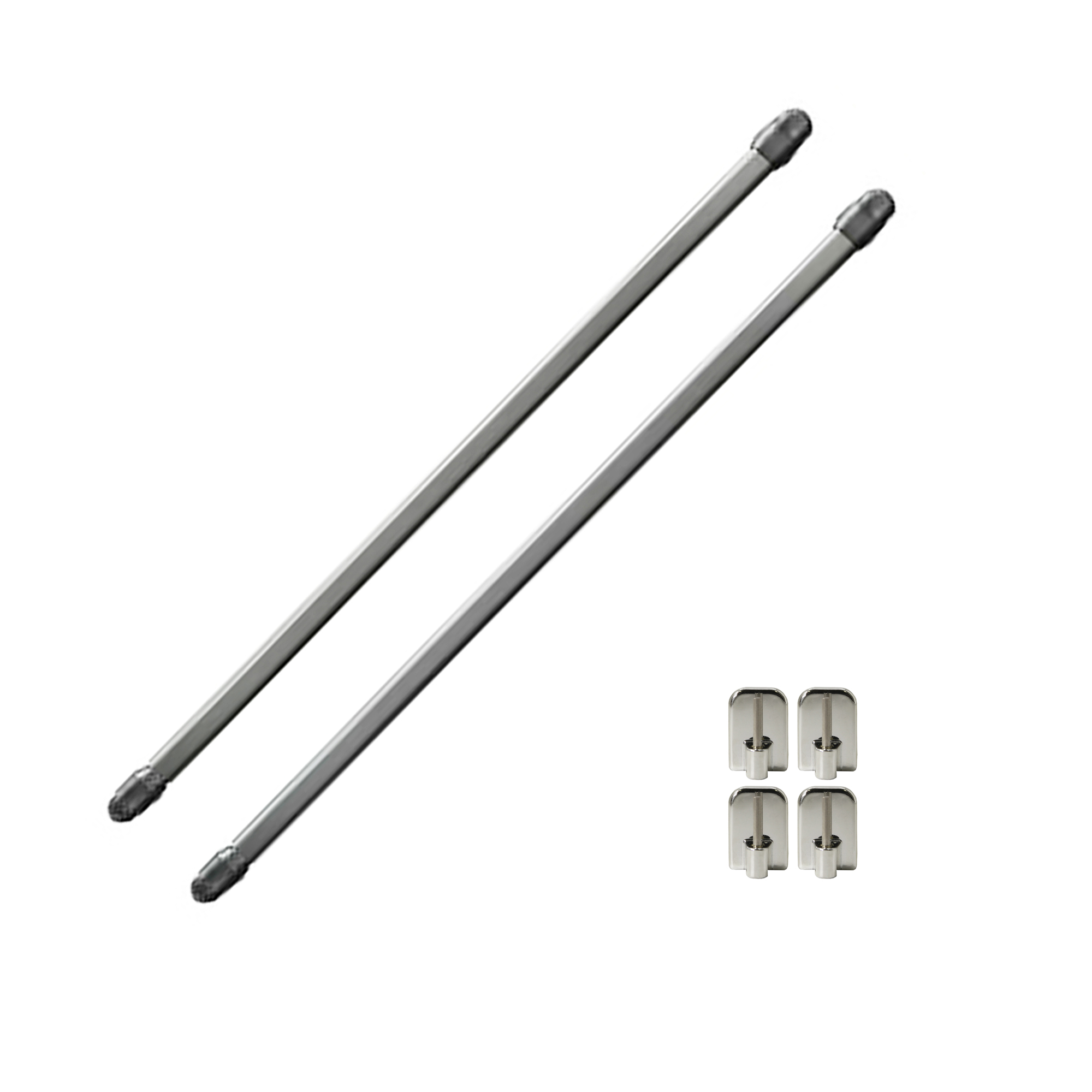 Set of 2 brushed nickel cafe curtain rods with 4 square adhesive mounting hooks displayed on a white background.