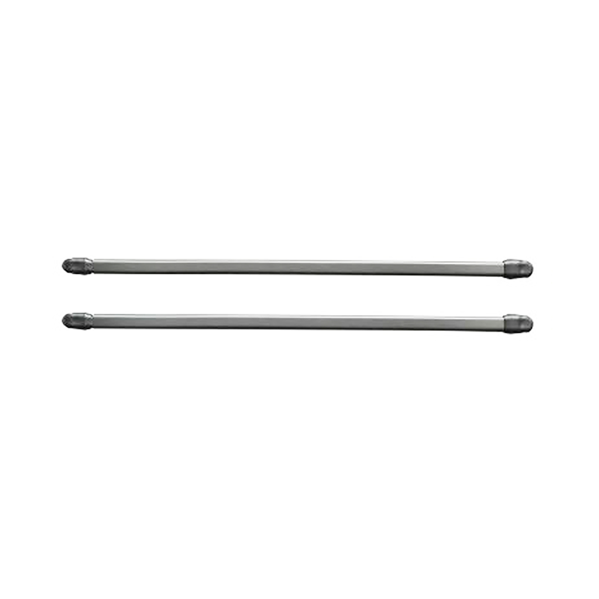 Set of 2 brushed nickel cafe curtain rods with rounded end caps displayed on a plain white background.