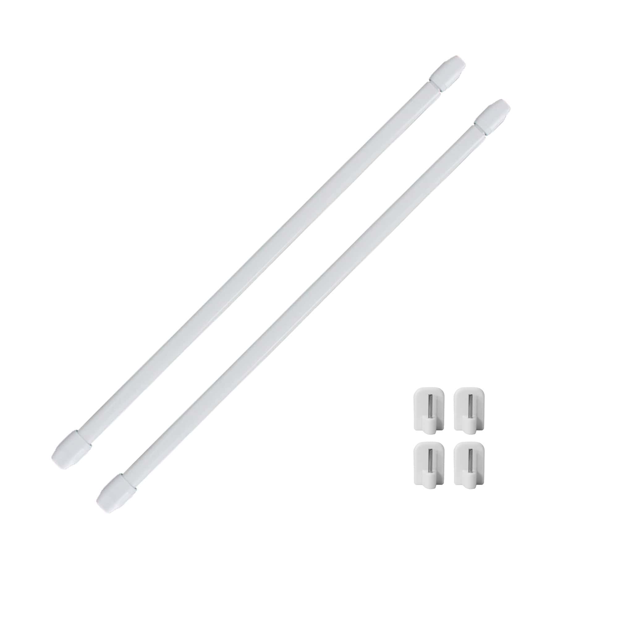 Set of two white adjustable cafe curtain rods shown beside four white adhesive mounting hooks on a plain white background, a no drill kit for small windows.