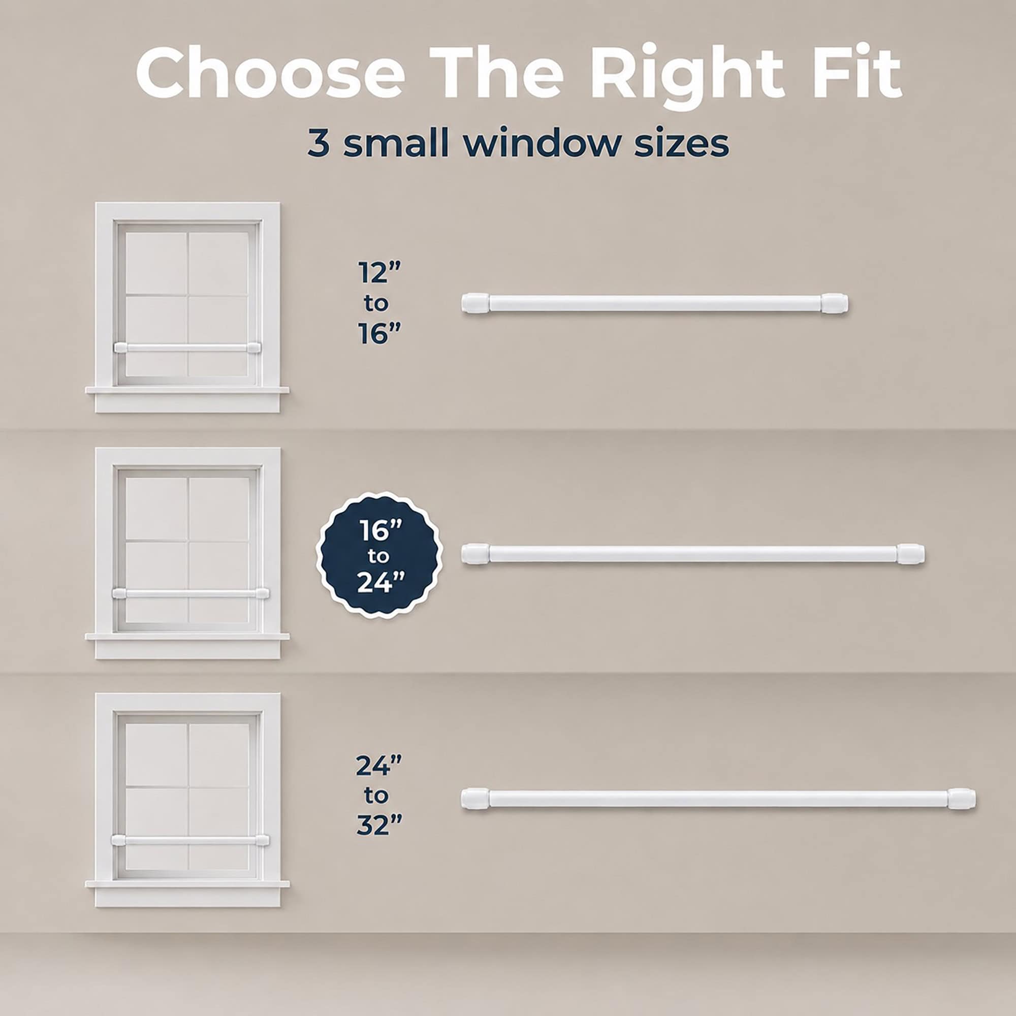Size comparison chart showing three adjustable white cafe rods for small windows, spanning twelve to sixteen, sixteen to twenty four, and twenty four to thirty two inches.