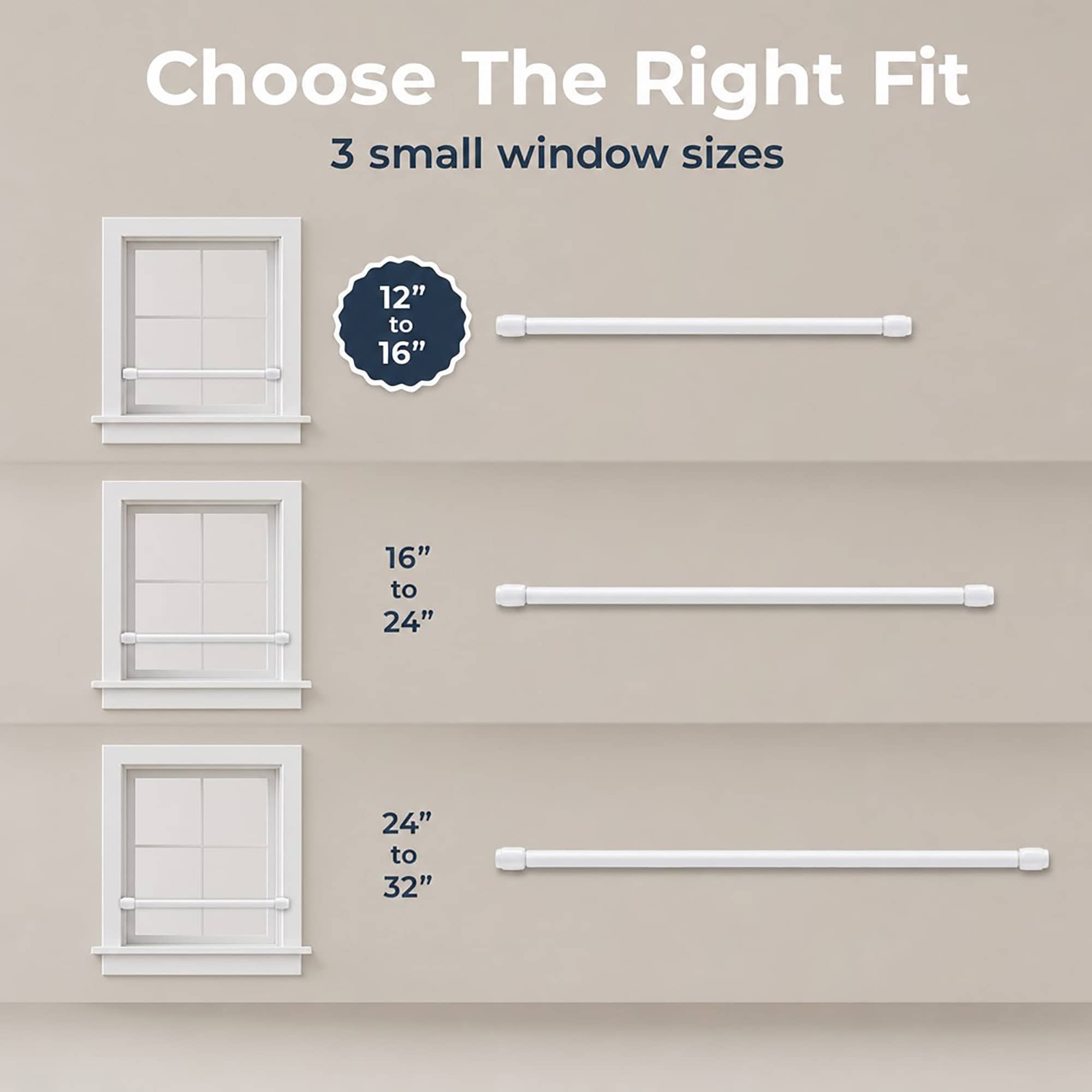 Size comparison chart showing three adjustable white cafe rods for small windows, spanning twelve to sixteen, sixteen to twenty four, and twenty four to thirty two inches.