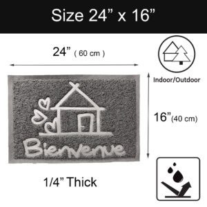 Gray Bienvenue door mat size guide showing 24 x 16 inch dimensions