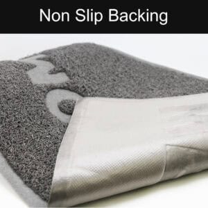 Detail of non slip backing underside of gray PVC door mat