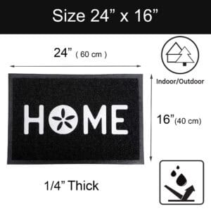 Black HOME door mat size guide showing 24 x 16 inch dimensions