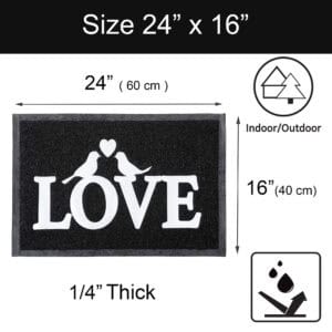 Black LOVE door mat size guide showing 24 x 16 inch dimensions