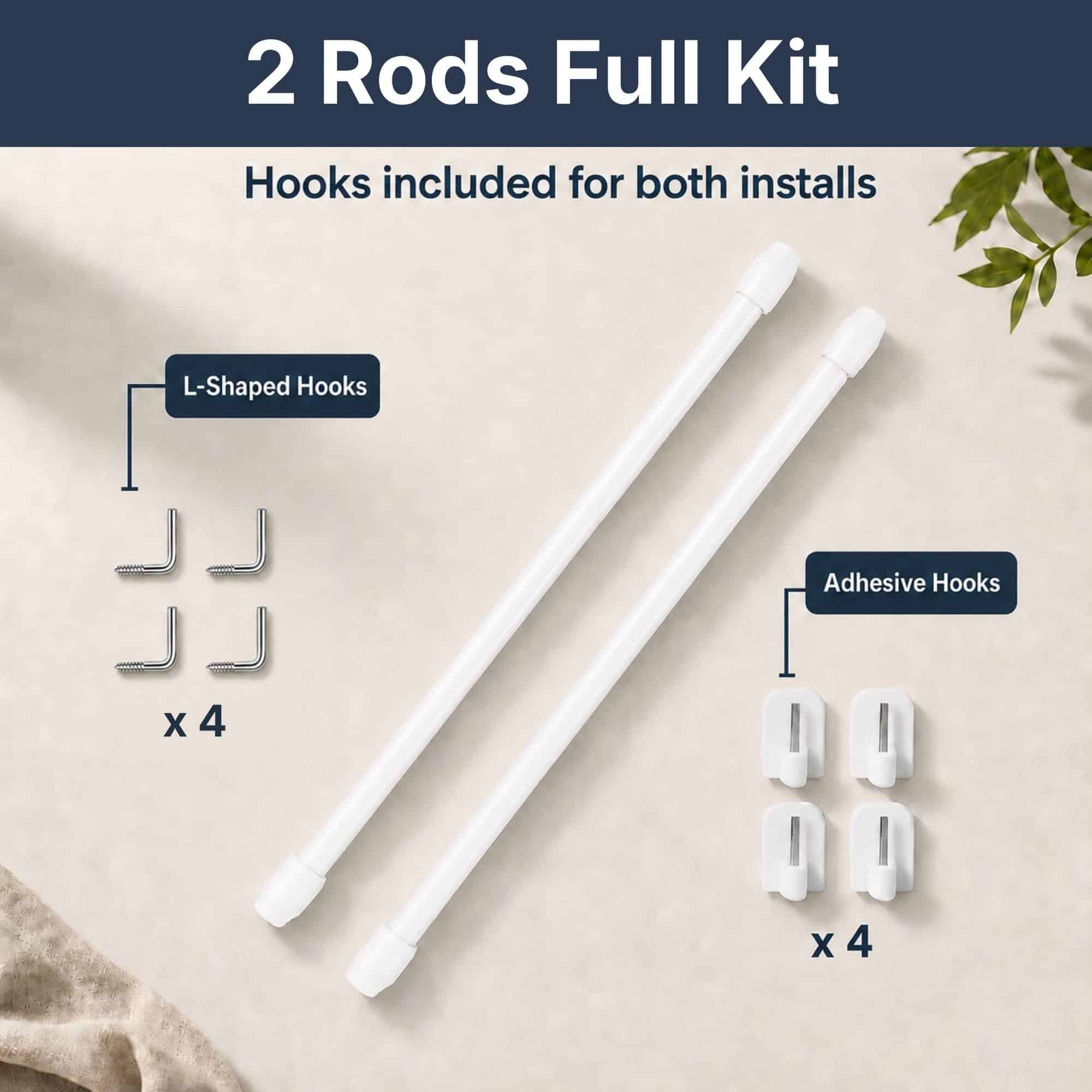 Full cafe rod kit showing two white rods with four screw in L hooks and four adhesive hooks, one mounting option for both wood and PVC frames.