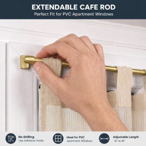Extendable gold cafe rod, no drill, adhesive hooks for PVC apartment windows