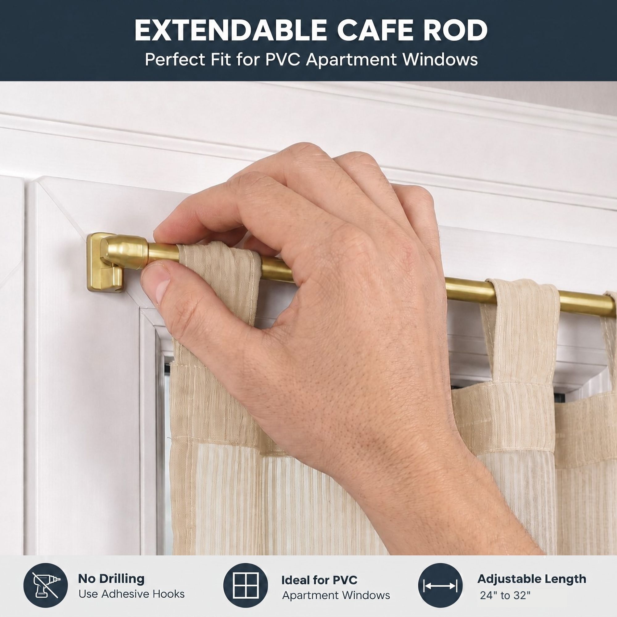 Extendable gold cafe rod, no drill, adhesive hooks for PVC apartment windows