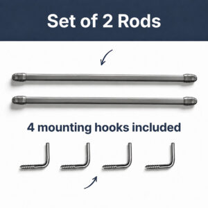 Set of 2 nickel curtain rods shown with 4 included screw-in mounting hooks for easy installation.