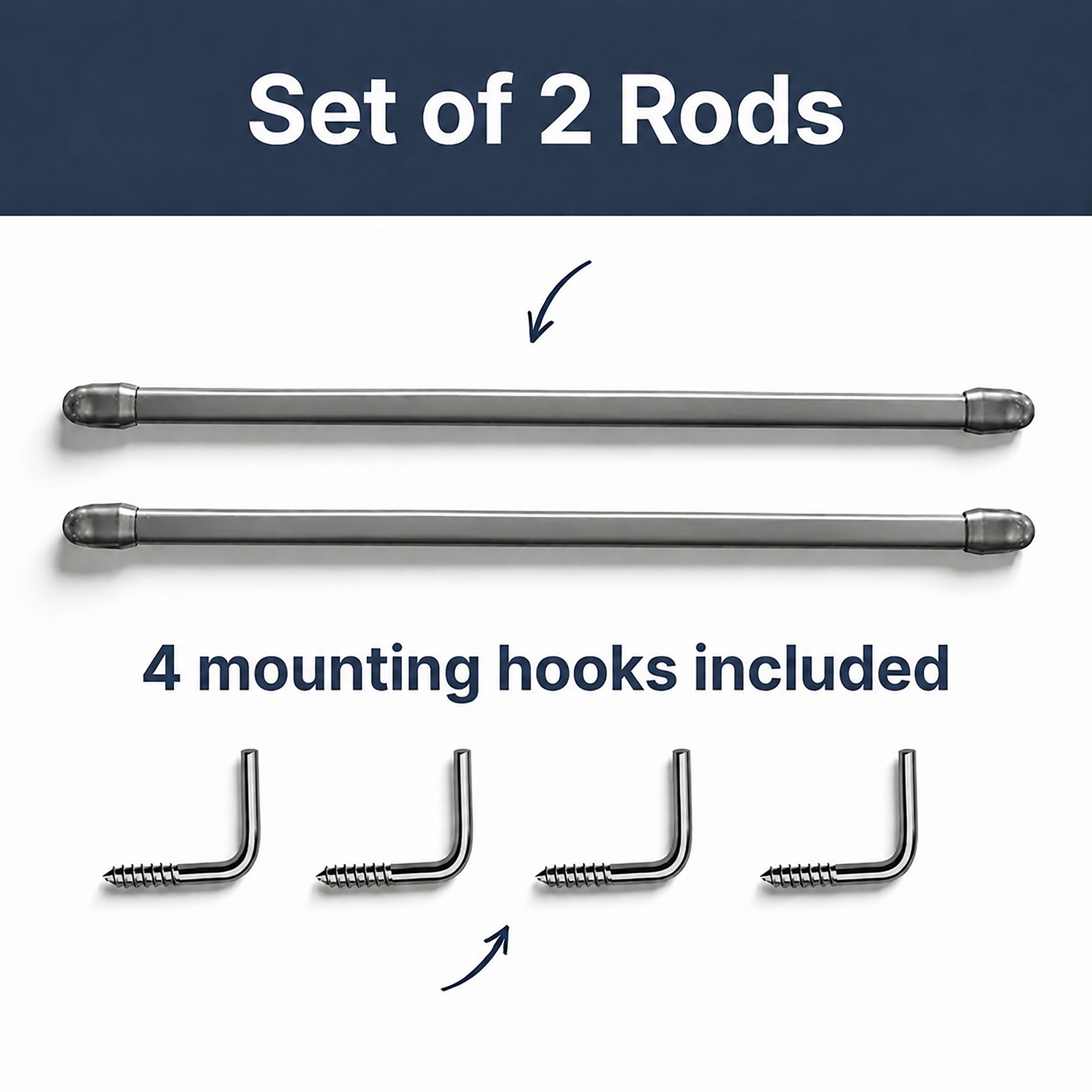 Set of 2 nickel curtain rods shown with 4 included screw-in mounting hooks for easy installation.
