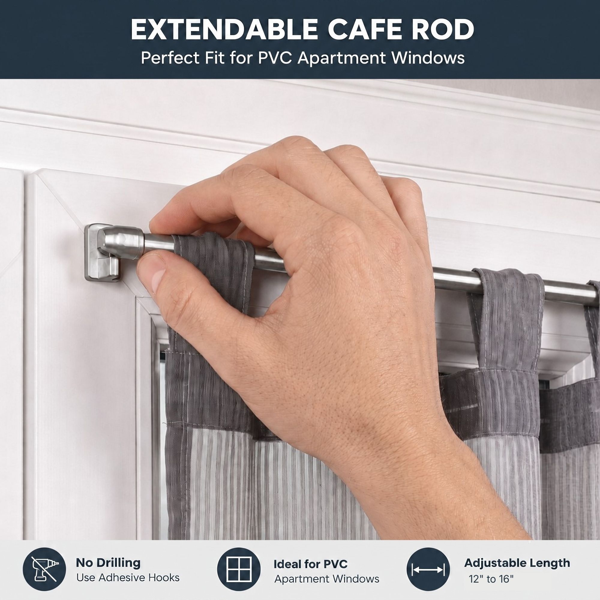 Close-up of a hand installing an extendable silver cafe rod onto a white PVC window frame using an adhesive hook.
