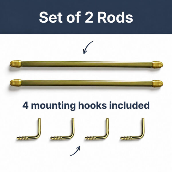 Set of 2 gold cafe rods with 4 L-shaped mounting hooks included