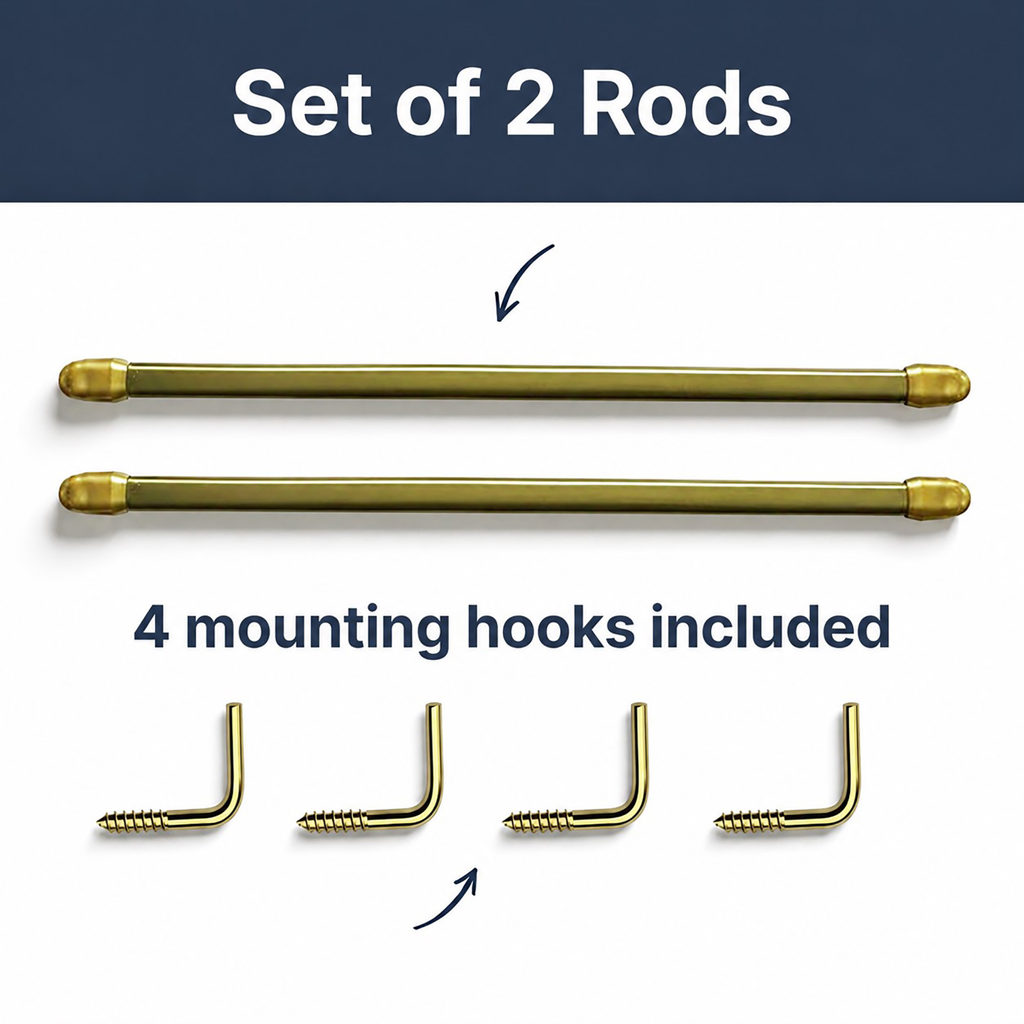 Set of 2 gold cafe rods with 4 L-shaped mounting hooks included