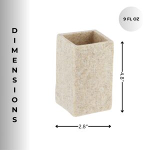 Dimensions of the natural stone-effect bathroom tumbler are shown, highlighting its 4.8-inch height, 2.8-inch width, and 9-ounce capacity.