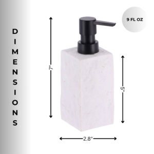 Dimensions of the white stone-effect soap dispenser are shown, highlighting its 9-ounce capacity, 7-inch height, and 2.8-inch width.