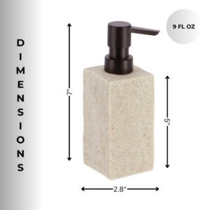 Dimensions of the natural stone-effect soap dispenser are shown, highlighting its 9-ounce capacity, 7-inch height, and 2.8-inch width.
