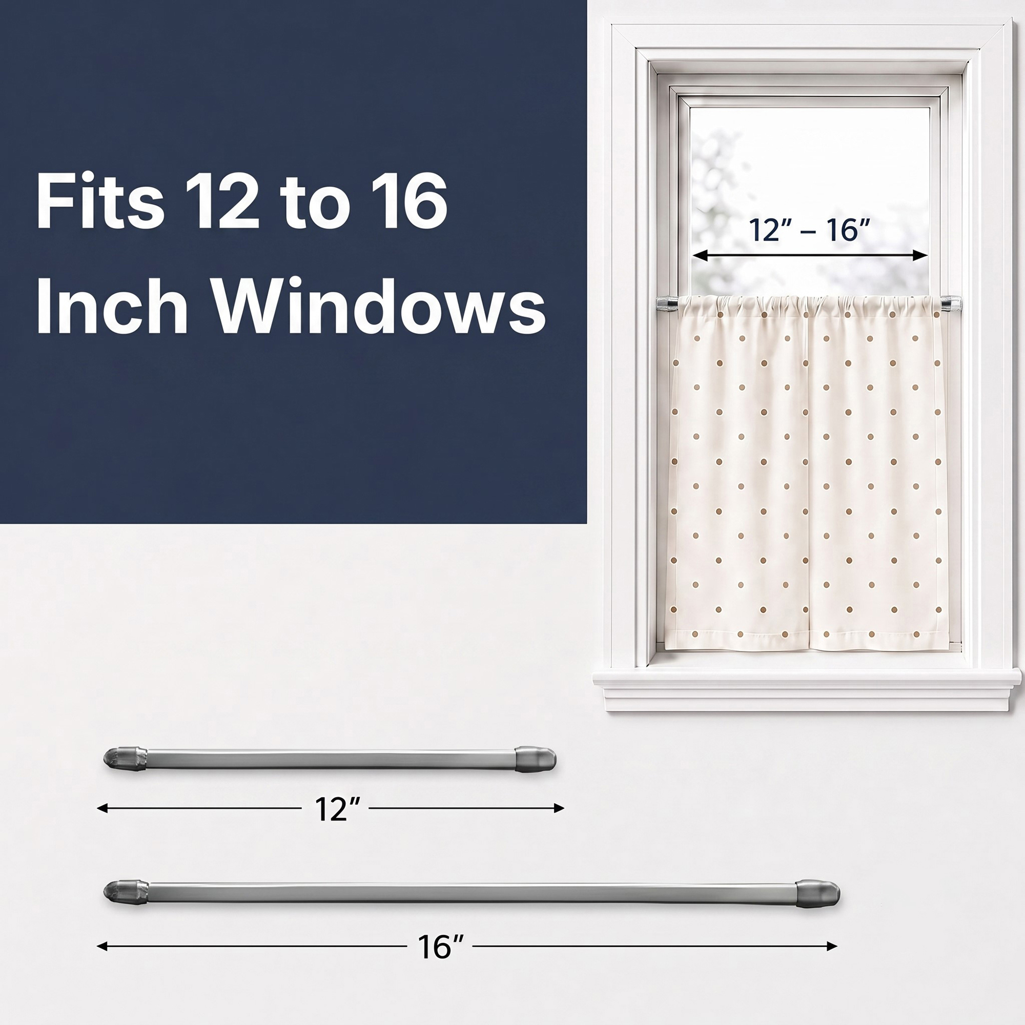 Adjustable nickel curtain rod for small windows fitting sizes from 12 to 16 inches.