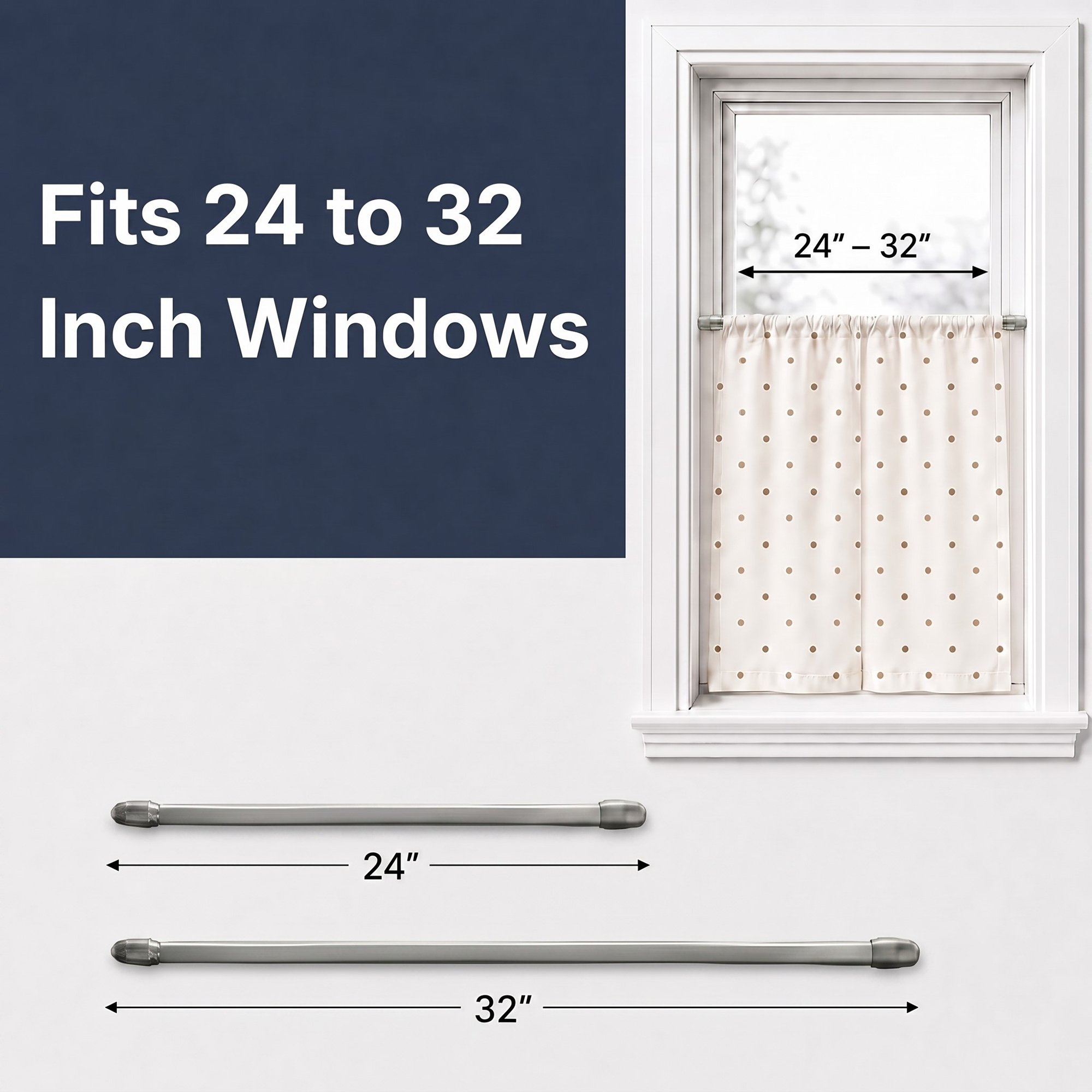 Adjustable nickel curtain rod for small windows fitting sizes from 24 to 32 inches.