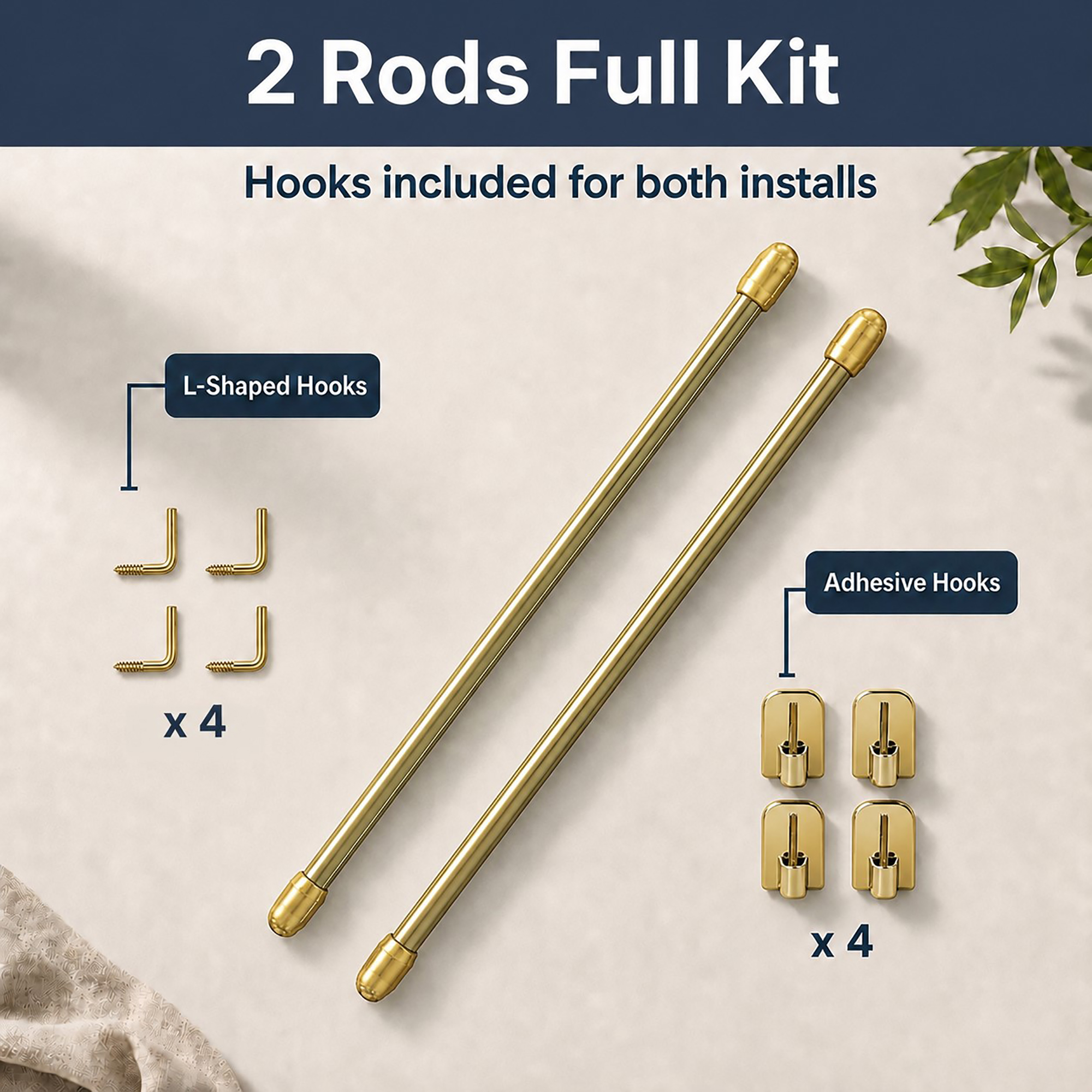 Full kit, 2 gold cafe rods with 4 L-shaped and 4 adhesive hooks included