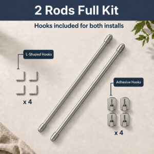 Complete kit containing 2 nickel curtain rods, 4 screw-in L-shaped hooks, and 4 clear adhesive mounting hooks.