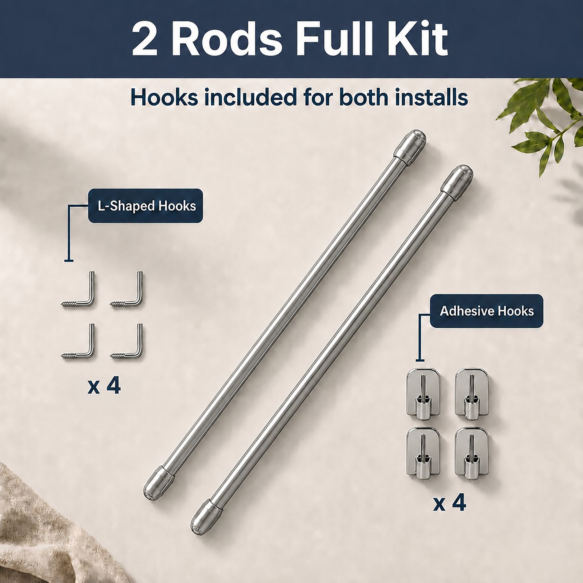 Complete kit containing 2 nickel curtain rods, 4 screw-in L-shaped hooks, and 4 clear adhesive mounting hooks.
