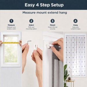 Four step setup guide showing how to measure the window width, select a mounting option, mount the rod securely, then hang a light cafe curtain.