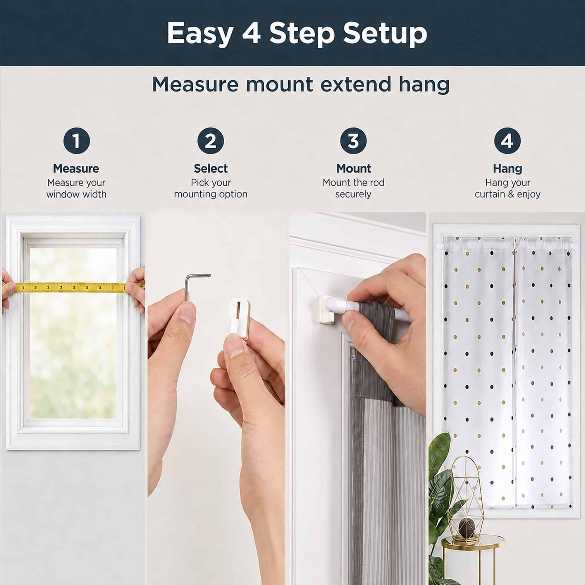 Four step setup guide showing how to measure the window width, select a mounting option, mount the rod securely, then hang a light cafe curtain.