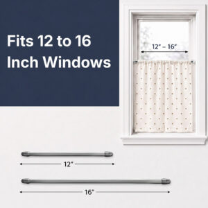 Adjustable nickel curtain rod for small windows shown extending from 12 to 16 inches beside a window example.