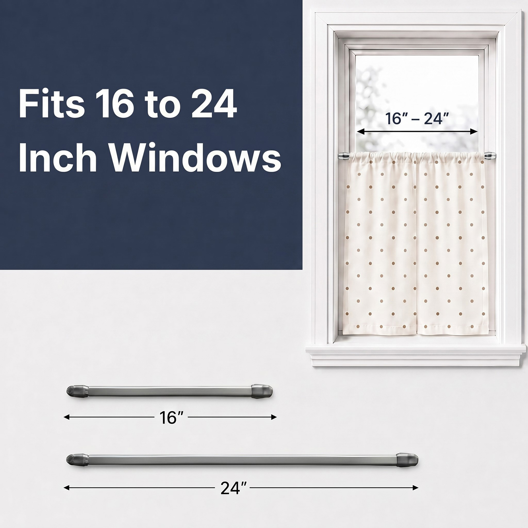 Adjustable nickel curtain rod for small windows shown extending from 16 to 24 inches beside a window example.