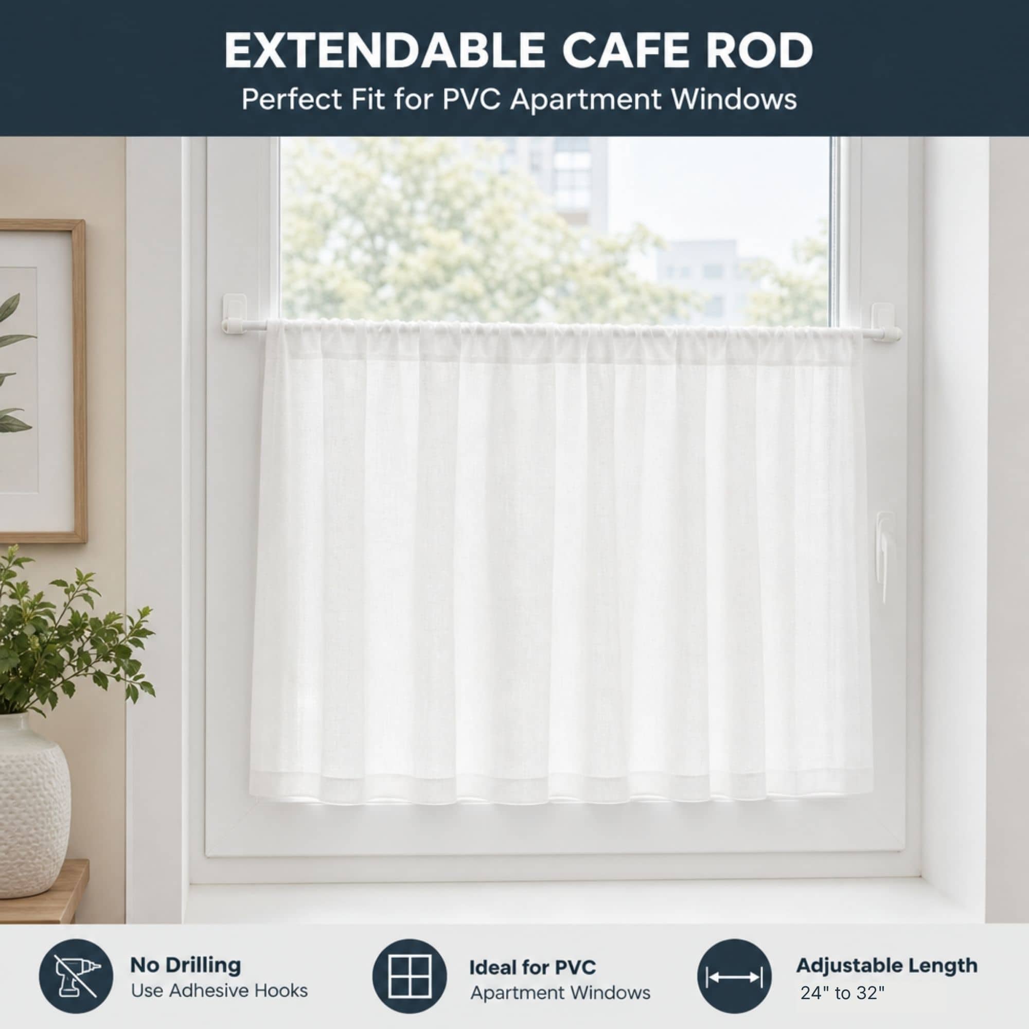 White extendable cafe rod on a PVC apartment window mounted with adhesive hooks, needing no drilling and adjusting from twenty four to thirty two inches for a perfect fit.