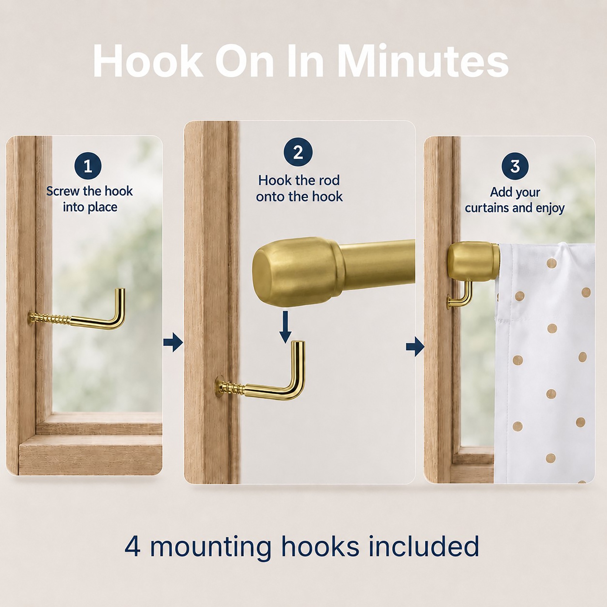Gold cafe rod hook-on install in 3 easy steps, no drill needed