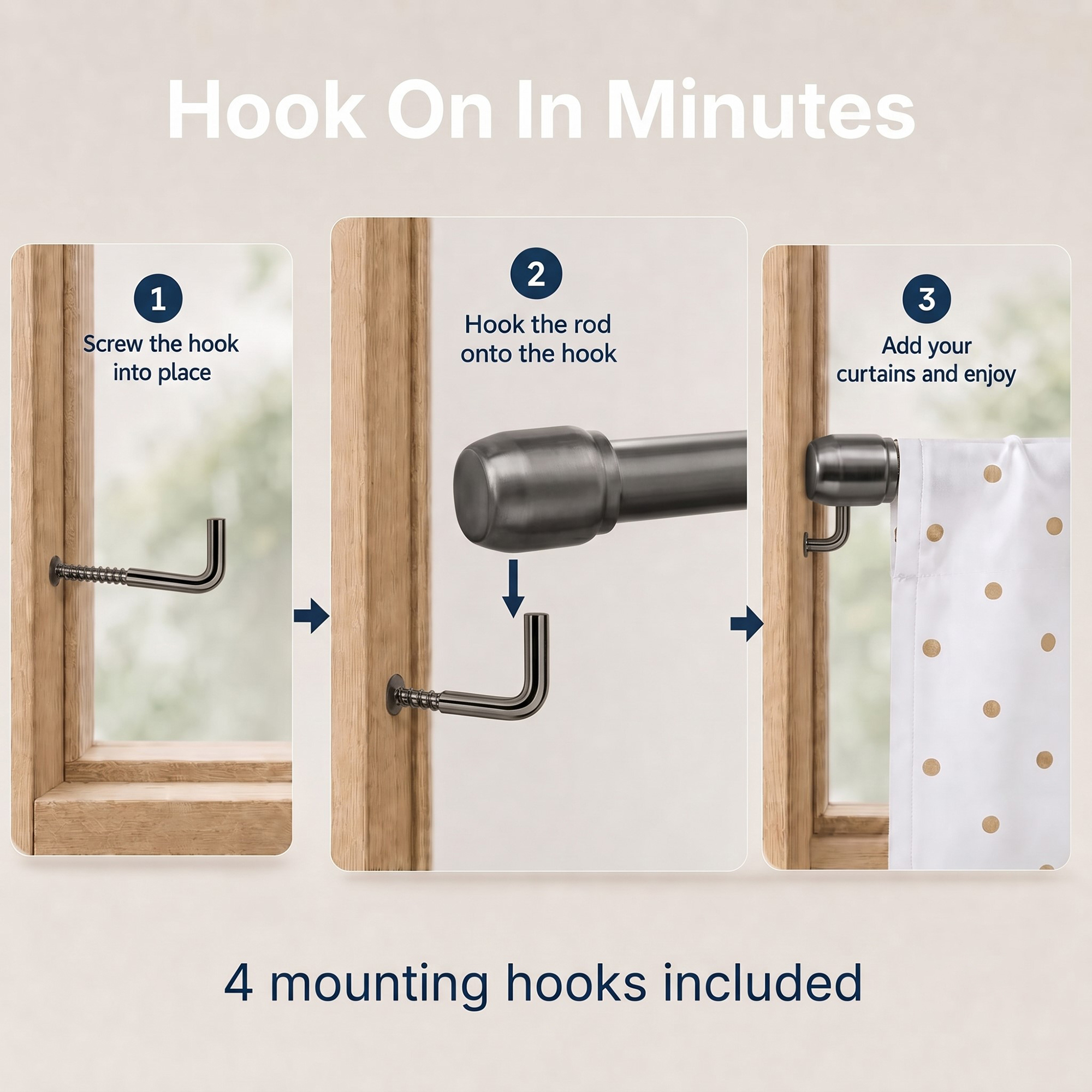 3-step installation guide showing how to screw in the hook, mount the rod, and hang curtains on a wooden window frame.
