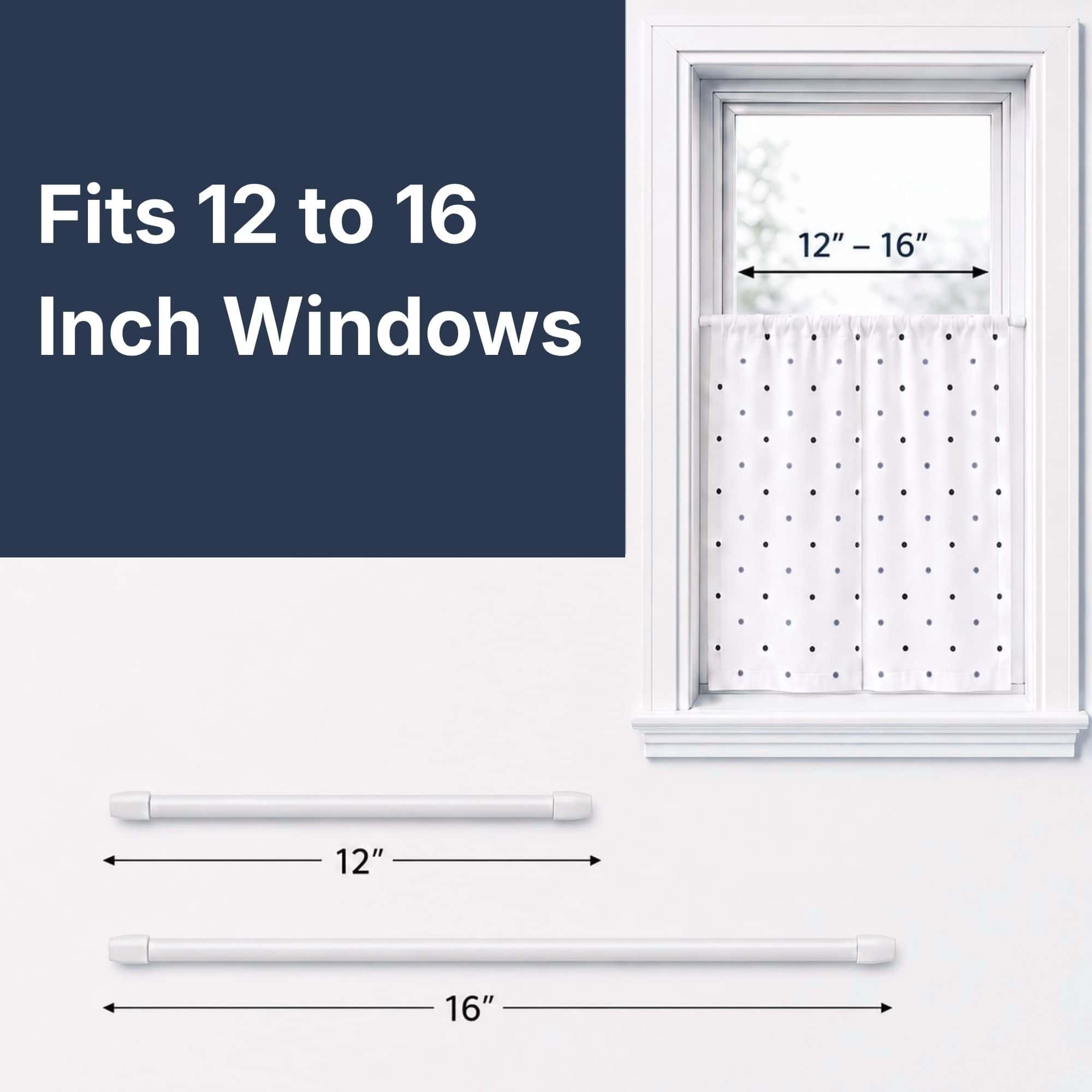 Adjustable white cafe rod extending from twelve to sixteen inches, shown fitting a small window with a polka dot tier curtain and a labeled size diagram.