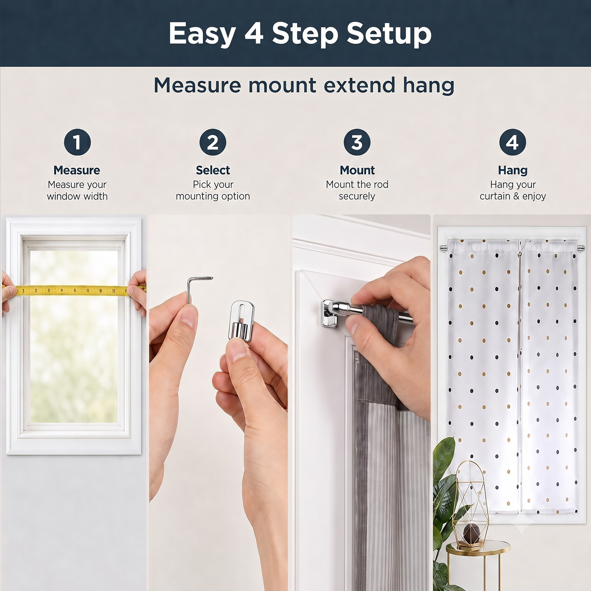4-step installation guide illustrating measuring the window, selecting hook type, mounting the rod, and hanging curtains.