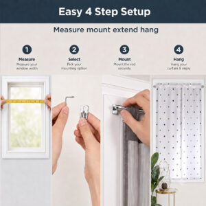 4-step installation guide illustrating measuring the window, selecting hook type, mounting the rod, and hanging curtains.