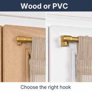 Gold cafe rod on wood or PVC frame, choose L-shaped or adhesive hook