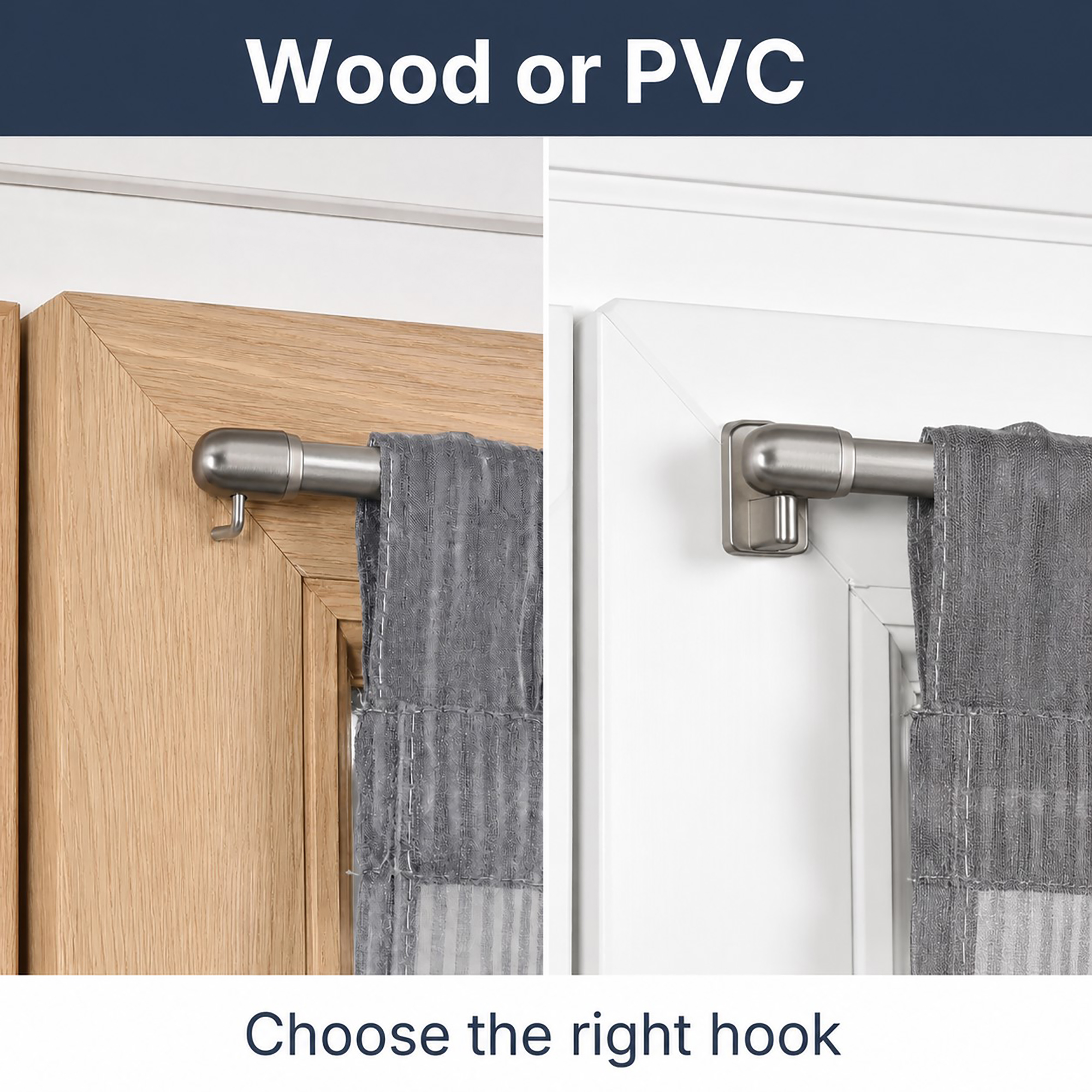 Side-by-side comparison showing a nickel rod mounted with a screw hook on a wooden frame versus an adhesive hook on a PVC frame.