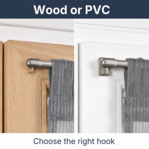 Side-by-side comparison showing a nickel rod mounted with a screw hook on a wooden frame versus an adhesive hook on a PVC frame.