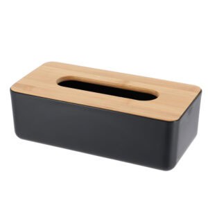 Black rectangular tissue box cover with bamboo top and oval tissue opening on white background