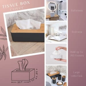 Black tissue box cover product collage showing bathroom and bedroom uses, holds up to 180 tissues