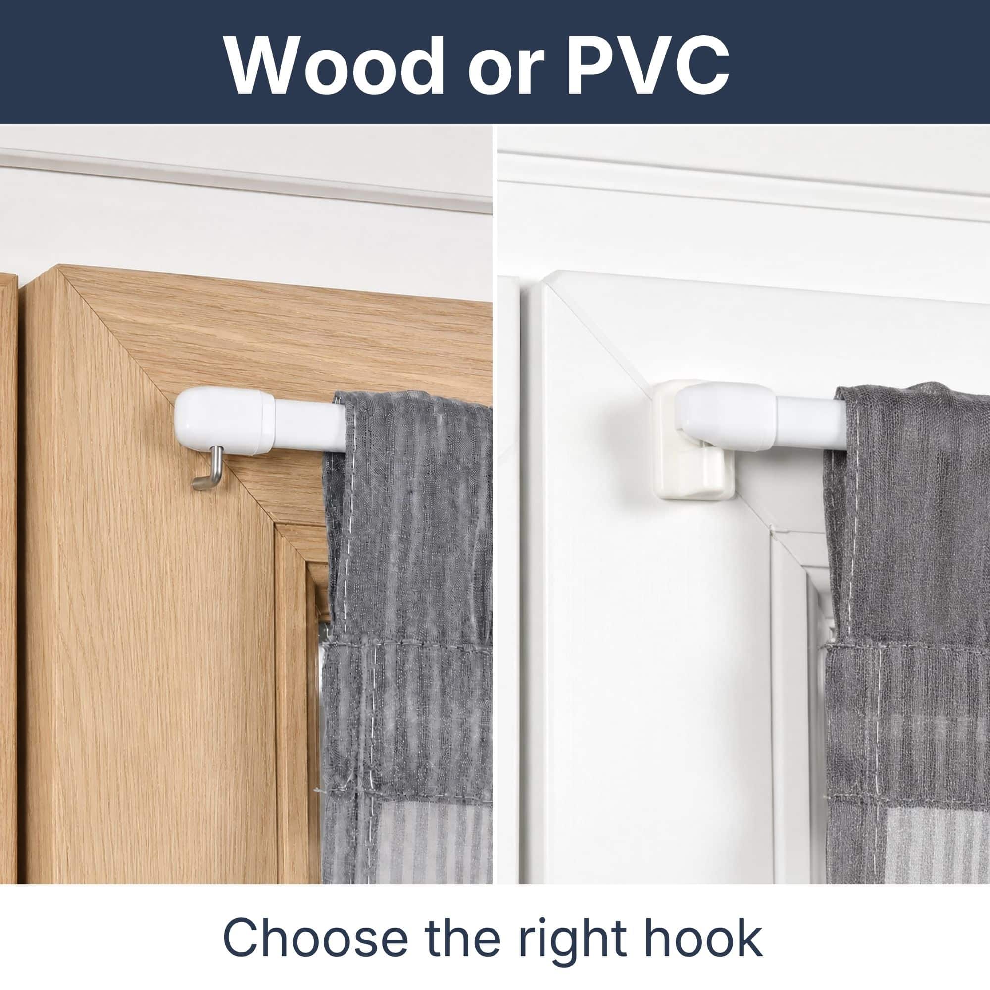 Side by side comparison showing a screw in L hook on a wood frame and an adhesive hook on a PVC frame, helping buyers choose the right mount.