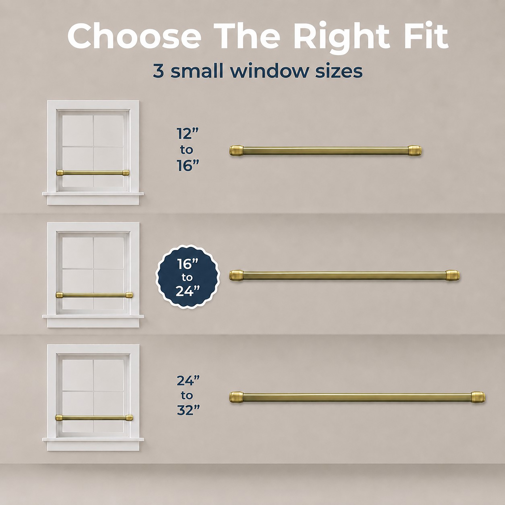 Gold cafe rod size guide, 12-16, 16-24 and 24-32 inch options