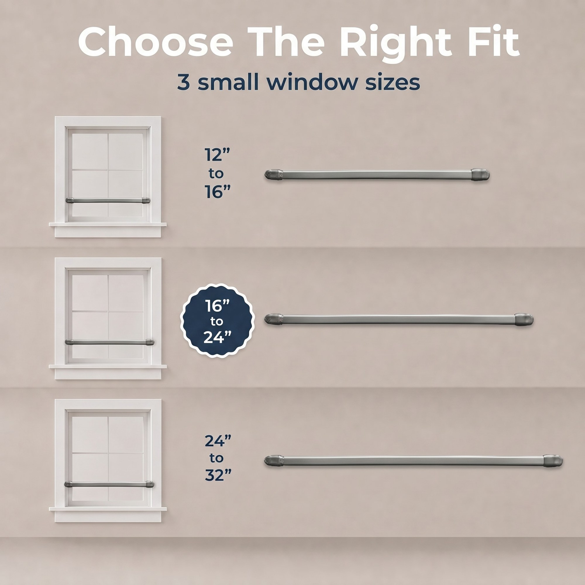 Size guide displaying three available curtain rod lengths: 12-16 inches, 16-24 inches, and 24-32 inches.