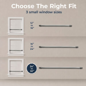 Size guide displaying three available curtain rod lengths: 12-16 inches, 16-24 inches, and 24-32 inches.