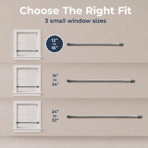 Size guide displaying three available curtain rod lengths: 12-16 inches, 16-24 inches, and 24-32 inches.